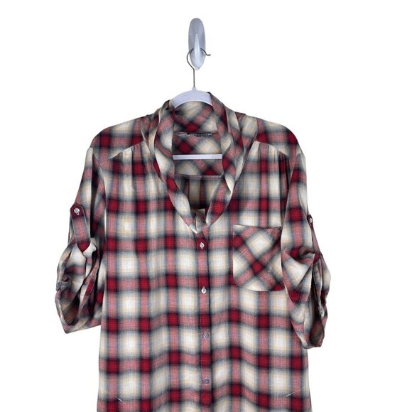 Vince Heritage Plaid Cowl Neck Button Down Roll Tab Holiday Top - Picture 2 of 8